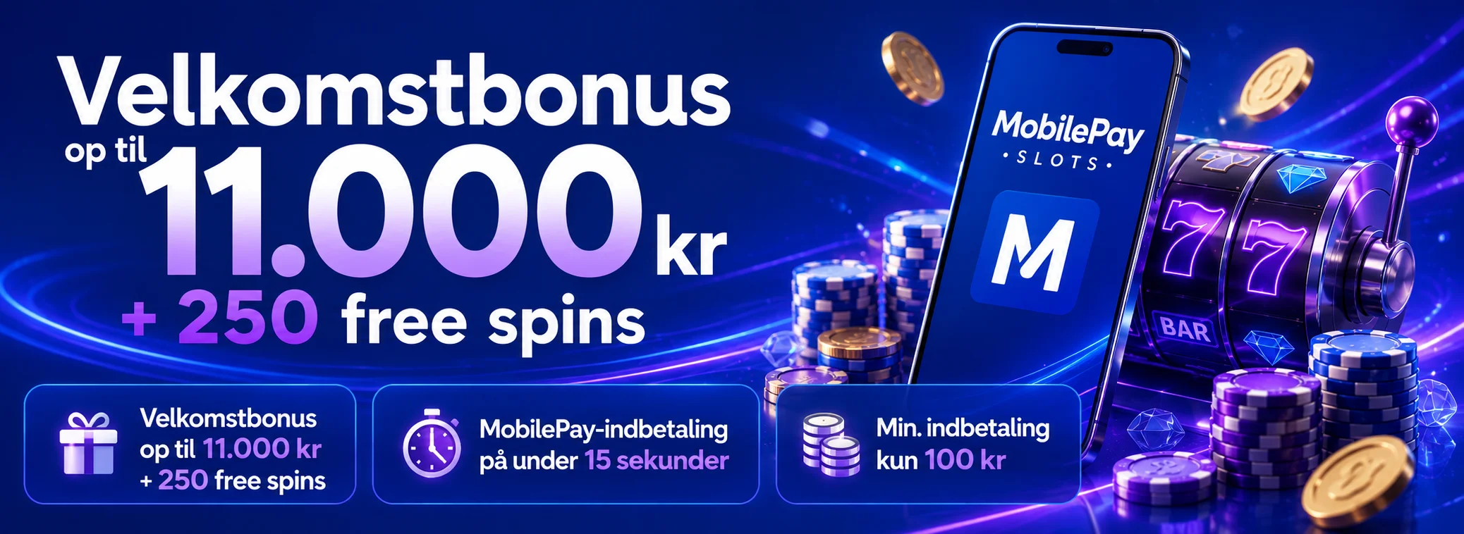Kampagner hos MobilePay Slots — 11.000 kr og 250 free spins i velkomstpakke